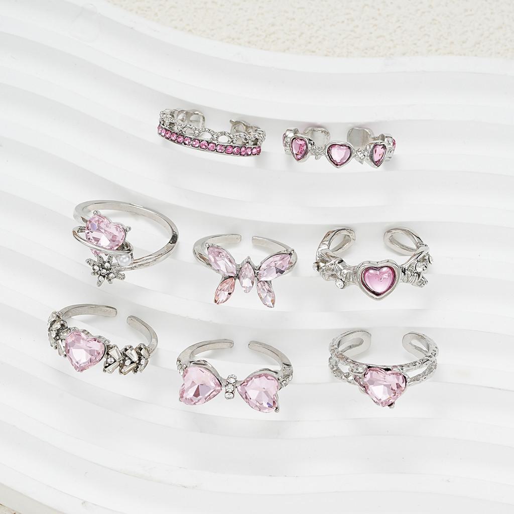 8 шт., набор колец с розовым цирконием в форме сердца и бабочки, серебряные регулируемые кольца для женщин, ювелирные аксессуары