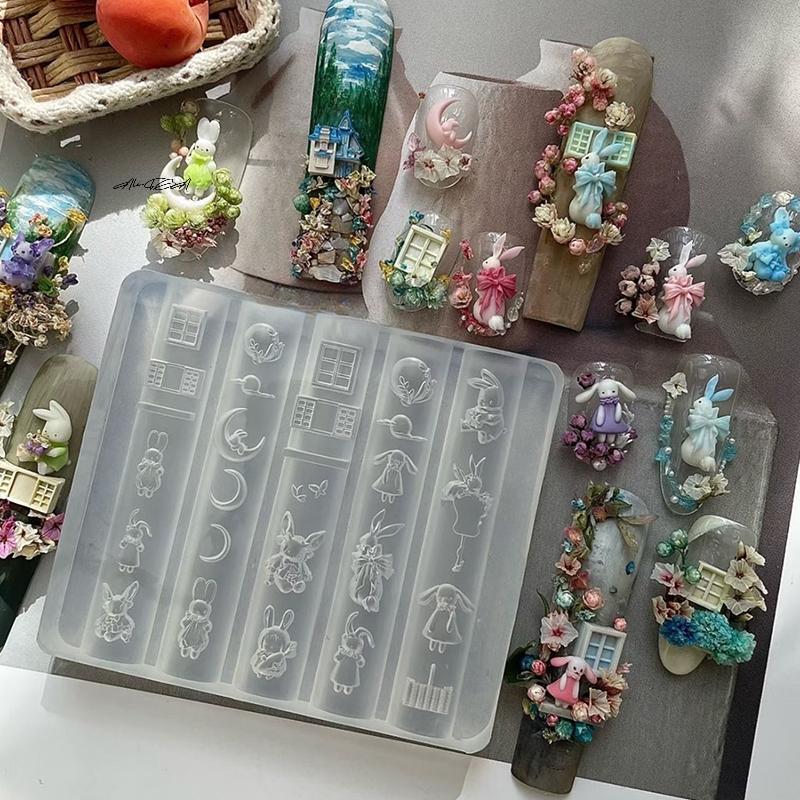 3Pcs Silicone Nail Art Mold Cute Cartoon Rabbit Moon Cake Moon 3d Acrylic Flowers Nails Templates Diy Manicure Design Tools