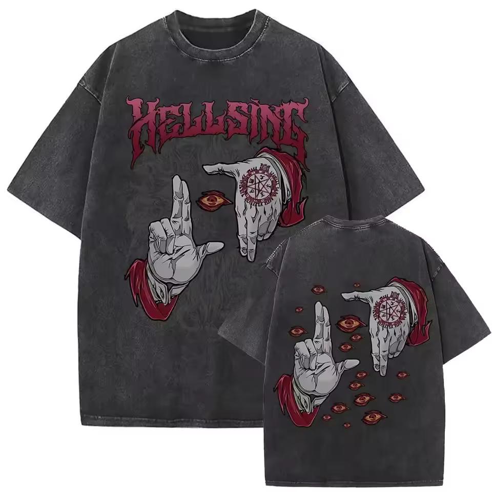 Washed Vintage Anime Hellsing Ultimate T-shirt Men's Clothing Manga Alucard Eyes T Shirt Male Oversized Streetwear Best Selling