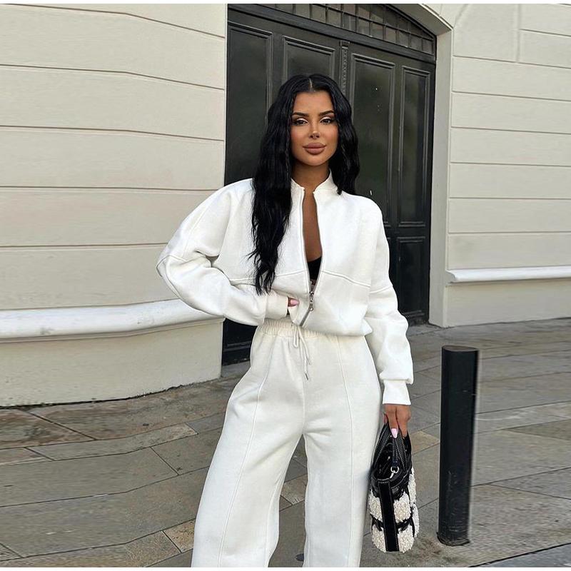 Повседневный комплект из толстовки на молнии и брюк, женская однотонная куртка-бомбер с круглым вырезом, свободные брюки со шнуровкой и высокой талией, весна-осень 2025, новые женские костюмы