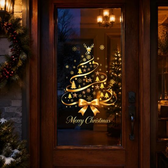 Removable PVC Window Stickers Gold Ribbon Christmas Tree Static Cling, Glass Sticker with Bow, Reindeer Xmas Elk Starlight Decals Antler & Star