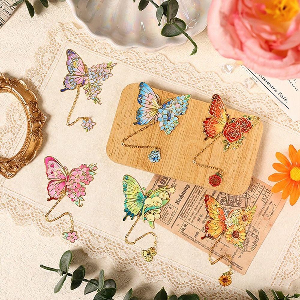 Tassel Chain Book Clip Hollow Flower Flower Painting Bookmark Metal Butterfly Bookmark For Gift