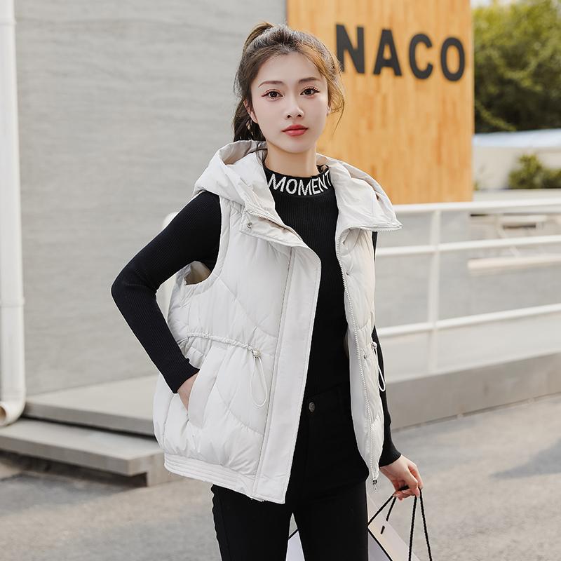 Women Autumn Winter Hooded Collar Sleeveless Solid Color Drawstring Warm Coat Vest