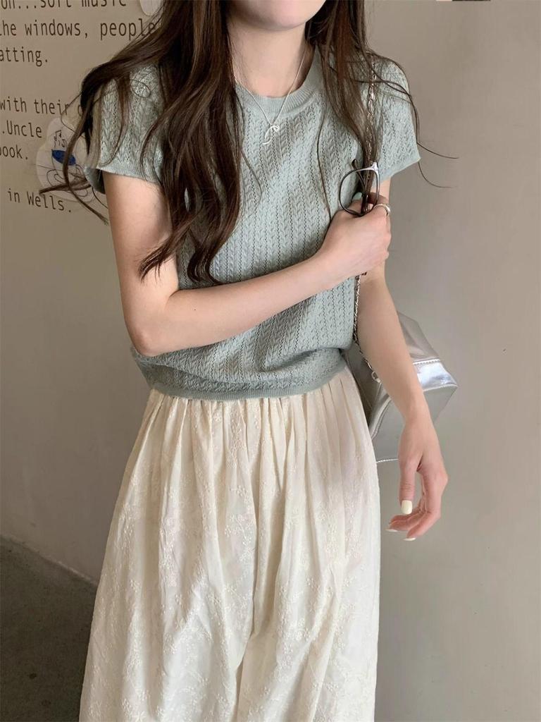 Женский топ с коротким рукавом в корейском стиле, вязаный ажурным узором, весна/лето 2025