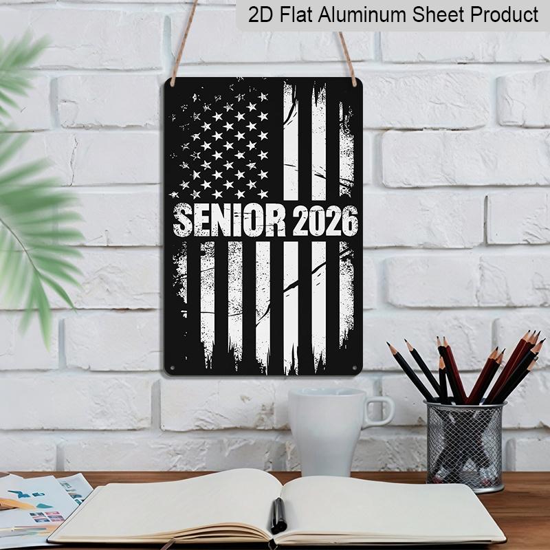 2D Flat, 1pc "Senior 2026" USA Flag Aluminium Sign - 8"x12" Distressed Black & White Patriotic Senior Decor, Perfect for 2026 Graduation Gifts