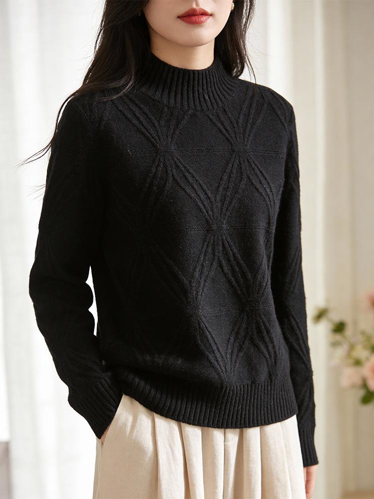 Women's Thick Warm Wool Knit Sweater, Half-High Neck, Diamond Pattern, Autumn/Winter, Solid Color, Loose Fit, Versatile Casual Style.
