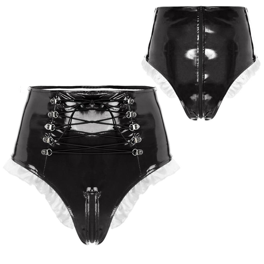 Женские блестящие лакированные трусики с оборками для горничной, трусы с высокой талией на шнуровке и молнией, нижнее белье для ночного клуба, ролевых игр
