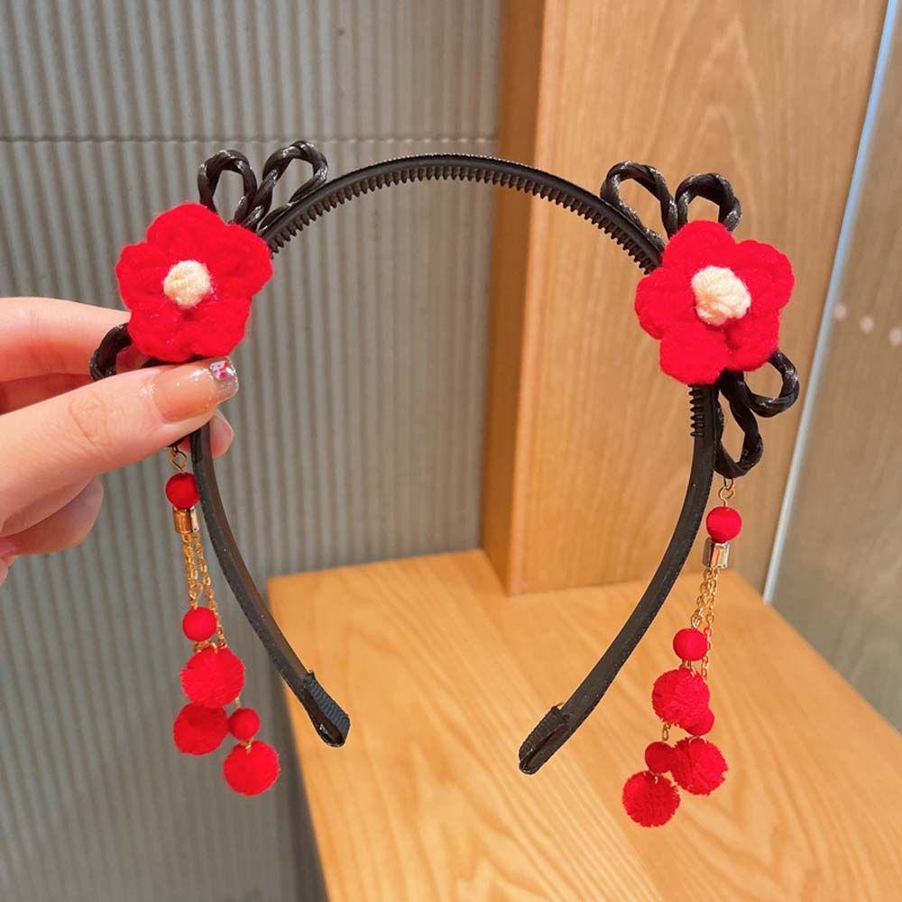 Elastic Cute Girls Pearl Bow Pigtail Wig Flower New Year Headress Children's Headband Chinese Style Hair Band Hanfu Hair Hoop
