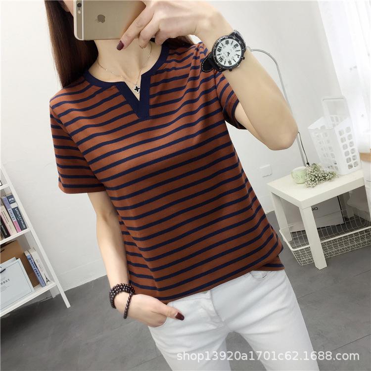 Женская хлопковая футболка больших размеров в полоску с V-образным вырезом, короткий рукав, свободный крой