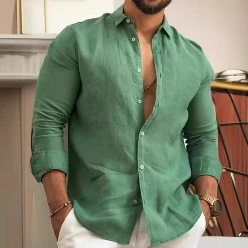 Men's Cotton Linen Long Sleeve Shirt Solid Relaxed Fit Casual Everyday Button Up Top