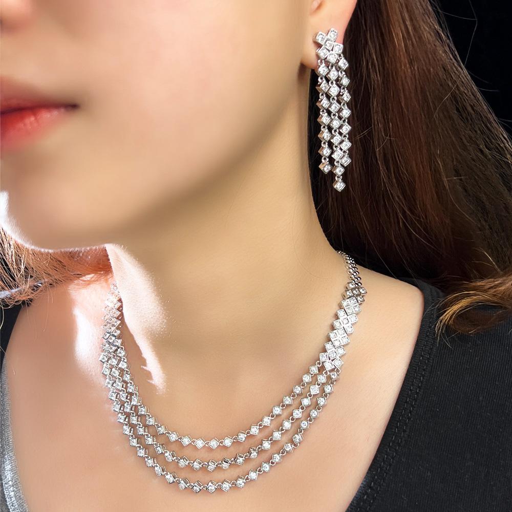 CMM Bling Белый Цирконий Серебристого Цвета 3-слойное Свадебное Платье, Ожерелье и Серьги, Комплекты Ювелирных Изделий