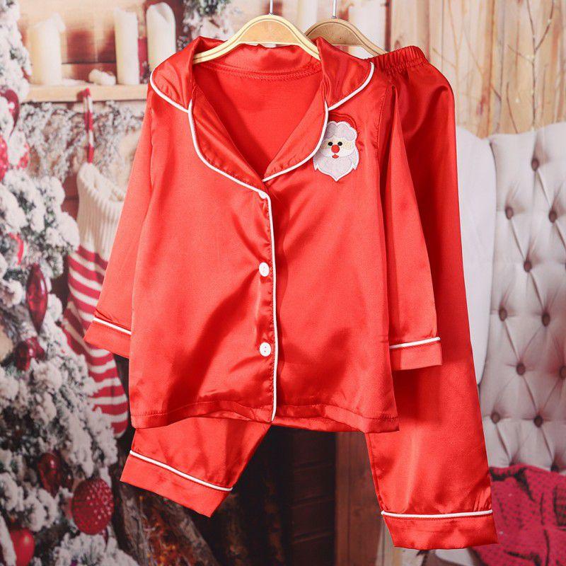 Атласный пижамный комплект для мальчиков и девочек, рождественская вышитая пижама с длинными рукавами, теплая повседневная детская одежда на пуговицах