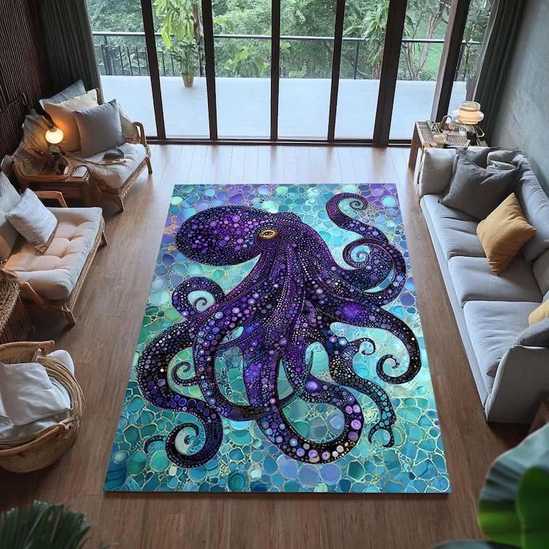 Abstract Watercolor Octopus Rug Ocean Creature Design Non-Slip Carpet Vintage Nautical Octopus Art Floor Mat for Living Room