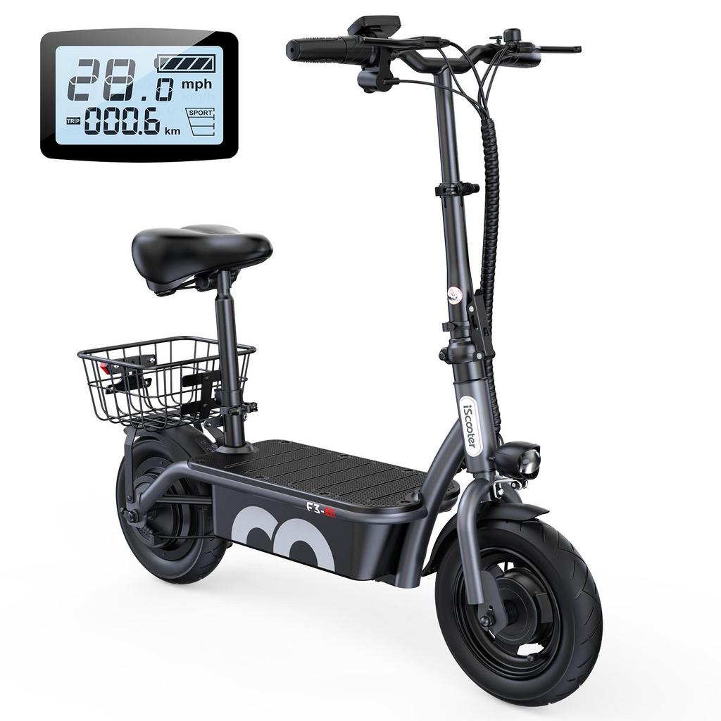 F3 1000W Adult Electric Scooter with Seat, Dual Disc Brakes, Removable Basket, Foldable, Maximum Range 55-60km, Wide Tires, City Commuting