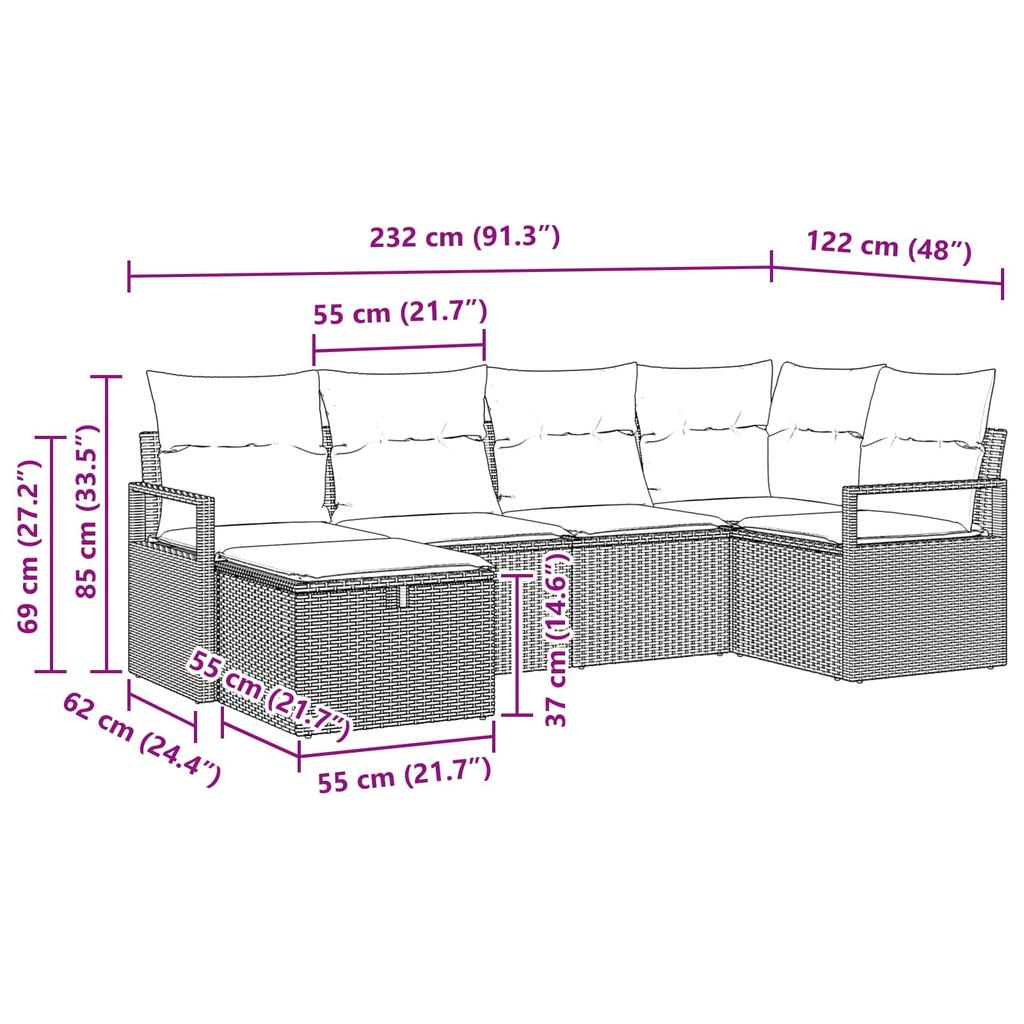 6 Piece Sofa Set with Cushions Black and Turquoise Poly Rattan