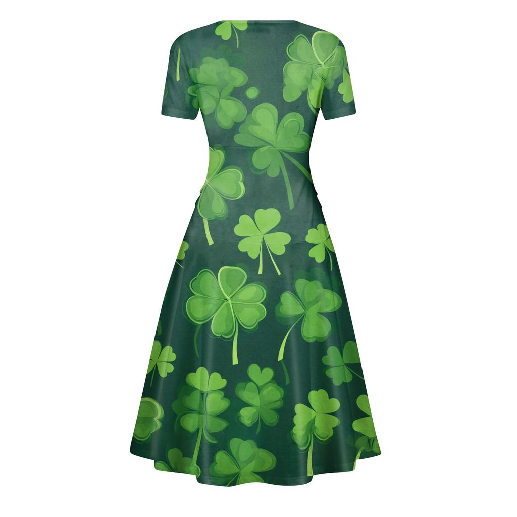 Ladies Princess Dress Sexy V-neck St. Patrick's Day Printed Waist Pulled Ruffle Short Sleeve Dress