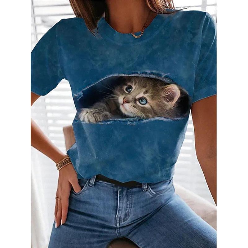 Новая футболка с изображением котенка, животного, кошки, 3D-печать, летние женские футболки с коротким рукавом, уличная одежда, Харадзюку, Y2k, топы для женщин, девушек, одежда