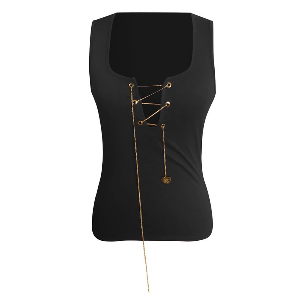 Women Chain Lace-up Sexy Low Cut Club Vest Tops Deep V Neck Shirts
