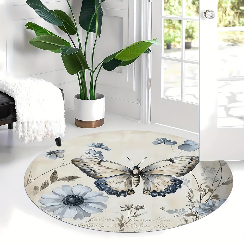 1 butterfly pattern round floor mat - polyester fabric, machine washable, perfect for living room, balcony, bedroom