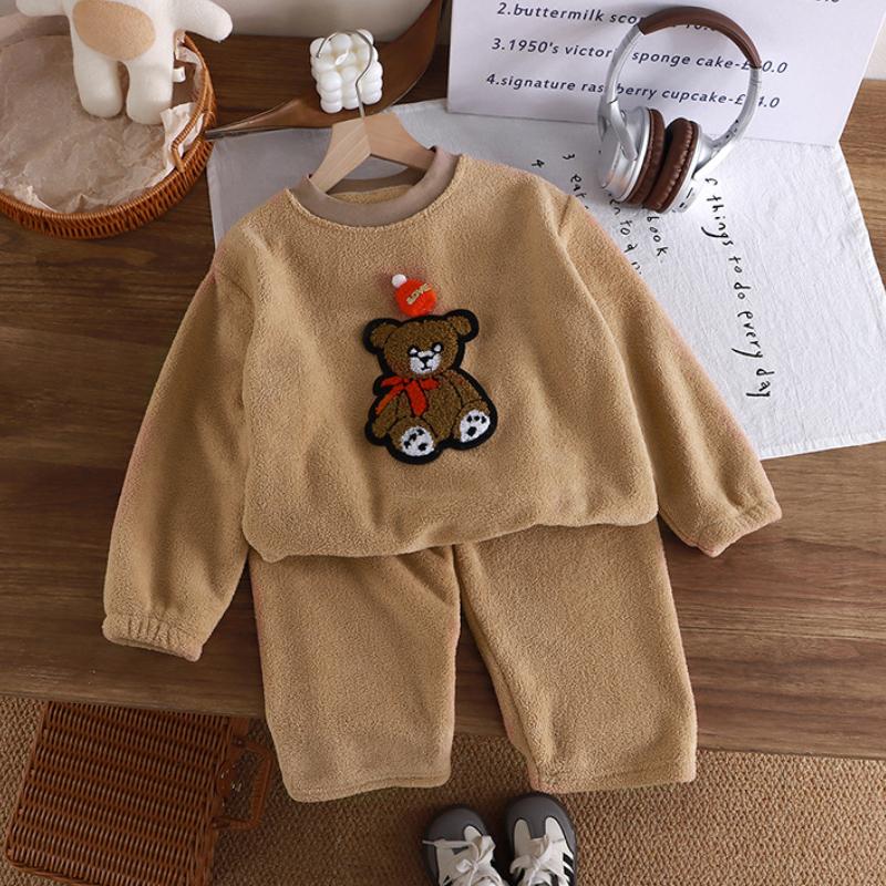 Autumn and Winter Kids Plush Lined Pajamas Set Children Unisex Warm Sleepwear for Boys and Girls