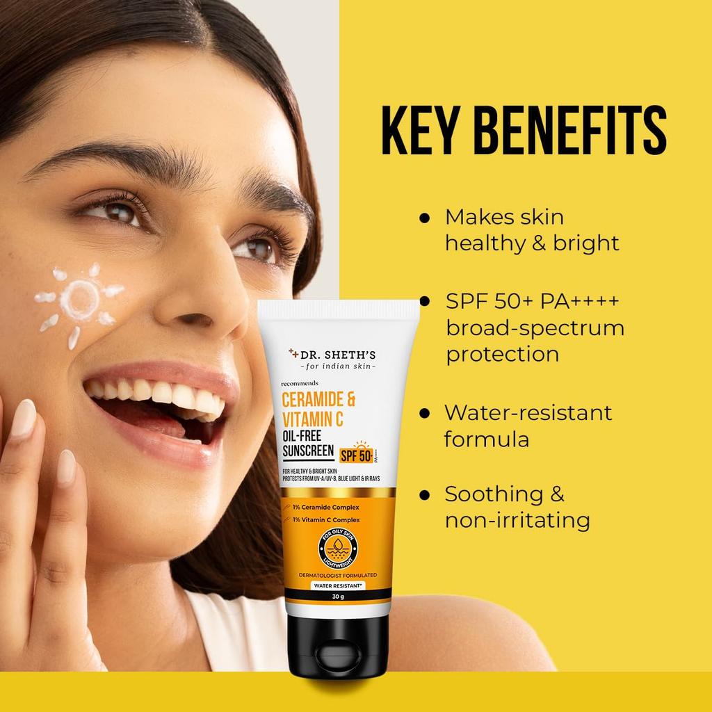 Dr. Sheth's Ceramide & Vitamin C Oil-Free Sunscreen SPF 50+ PA++++ For Healthy Bright Skin 30 g