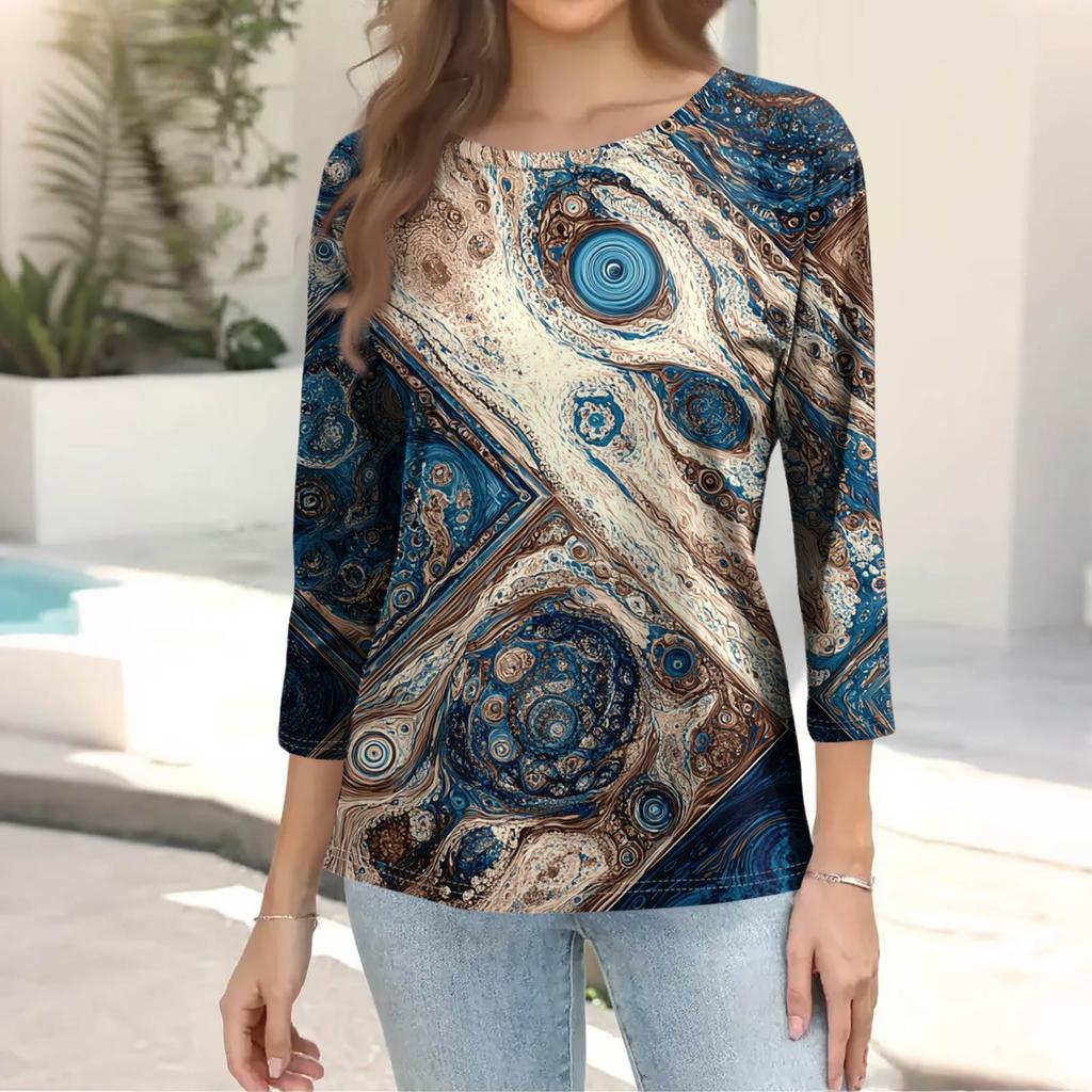 Trendy Vintage 3/4 Sleeve Top For Women ,Ladies Casual Three Quarter Sleeve Round Collar Printed T-Shirt Blouse