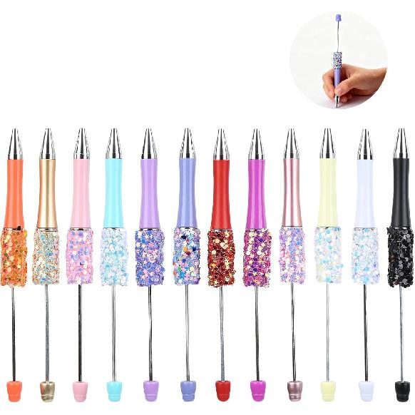 12 Pcs Glitter Beadable Ballpoint Pens, Colorful DIY Retractable Sequin Bead Pen Kit with Pentagram, Fancy Beadable Ballpoint Stationery for Creative