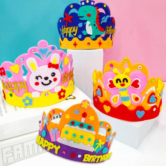 DIY шляпа с короной на день рождения для детей, мультяшный кролик, динозавр, торт, лев, животные, нетканый головной убор на день рождения, украшение для вечеринки, набор материалов для рукоделия