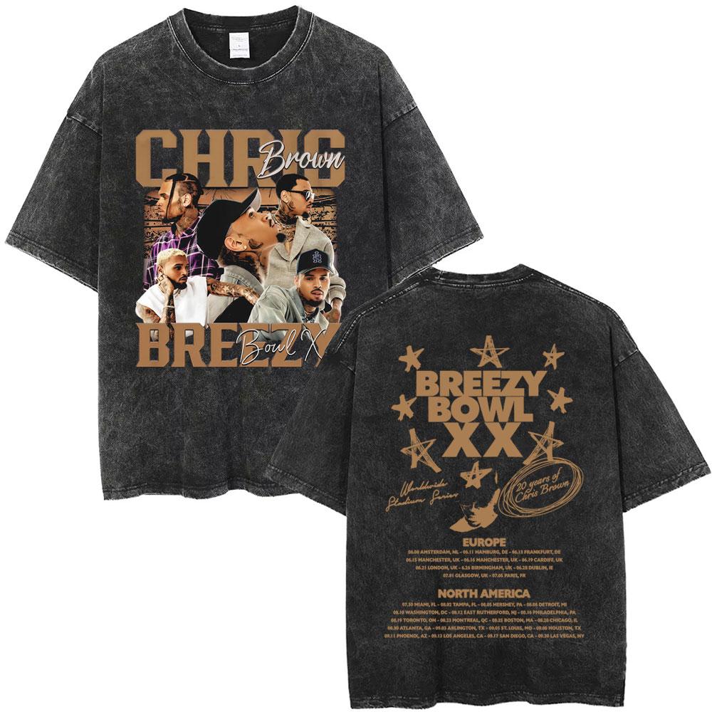 Рэпер Крис Браун Breezy Bowl XX Тур Винтажные стираные футболки Мужские Женские Хип-Хоп Модные Футболки Мужская Хлопок Ретро Футболка