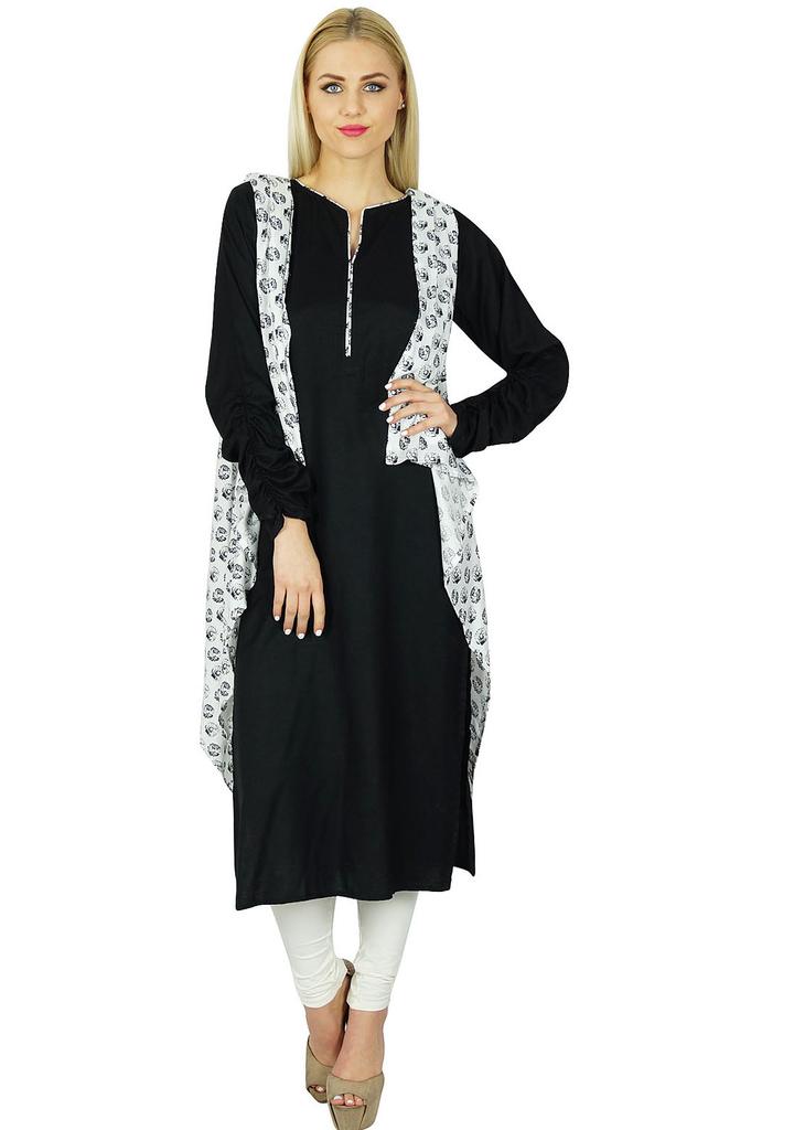 Bimba Women Black Straight custom Kurti With Shrug Ethnic Fullsleeve Rayon Kurta