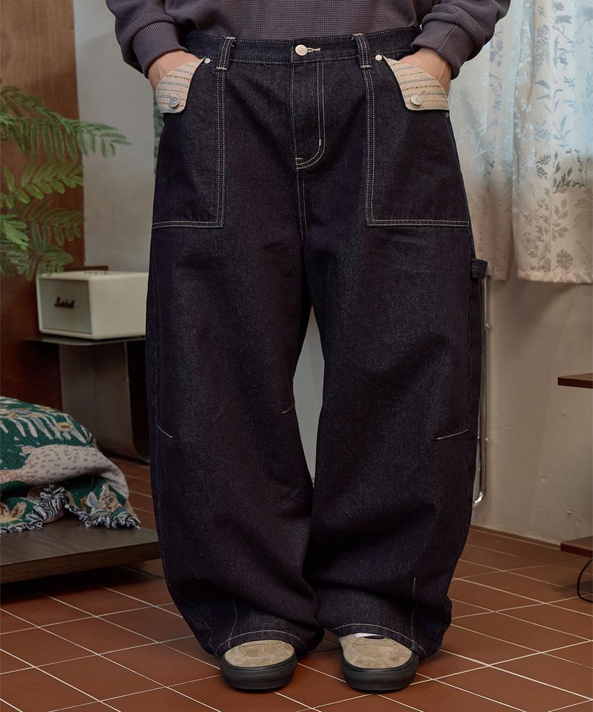 WAIKEI Star Piece Curved Denim Pants Indigo Blue