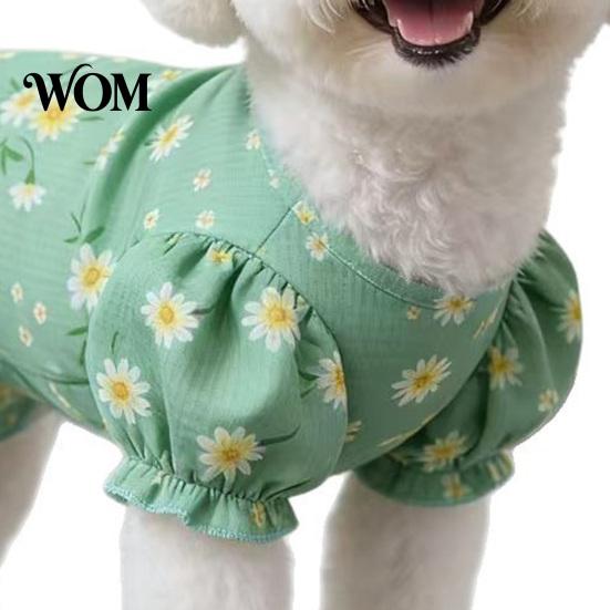 Loose Fit Pet Clothes Green Dog Princess Dress, Floral Ruffled Puff Sleeve Cute Easy to Wear Dress Girl Puppy for Small Dogs Summer Female Outfit