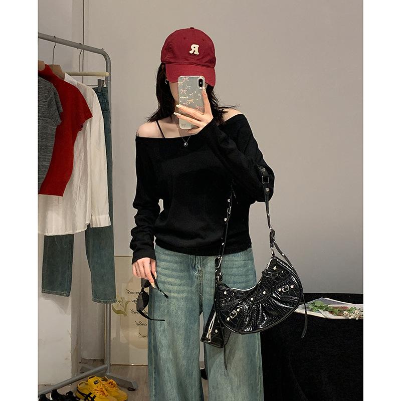 Серая косая футболка с длинными рукавами и открытыми плечами для женщин на раннюю осень, свободная, на одно плечо, сексуальная, с уникальным темпераментом, для горячей девушки