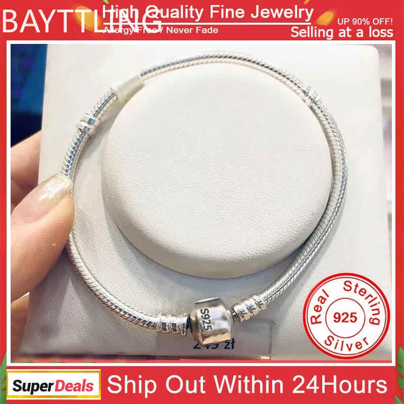 925 Sterling Silver Famous Brand Original Certified Bracelet for Women DIY Charms Beads Snake Link Chain Classic Wrist Jewelry