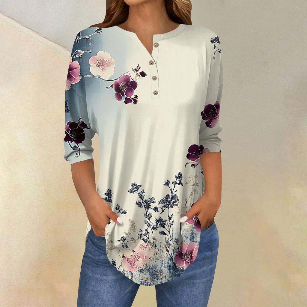 Женская мода свободный воротник на пуговицах с принтом рукав 3/43/4 футболка топы пуловер
