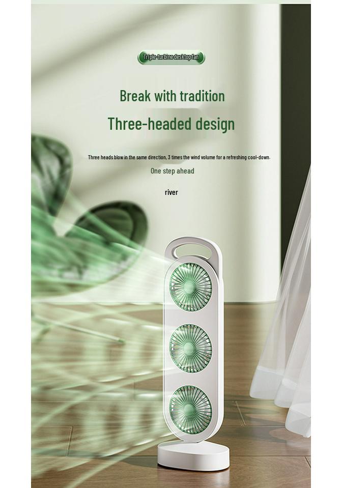 Compact Three-Head Air Circulation Fan: Portable, Rechargeable, Desktop Fan for Dorms