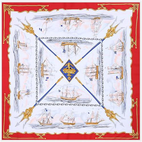 POBING 100% Silk Scarf Women Large Shawls Spain Warship Print Stoles Square Bandana Hijab Luxury Kerchief Female Foulards 130CM