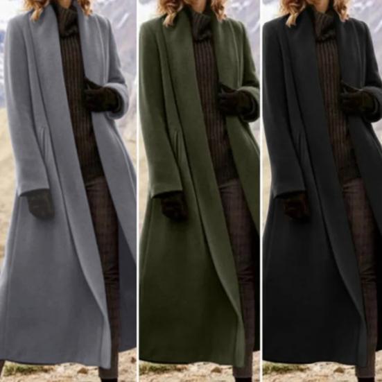 Yousheng Женское зимнее пальто с открытыми стежками, отложным воротником, длинными рукавами, ветровка, свободный кардиган, длина до икры, шерстяное пальто для улицы