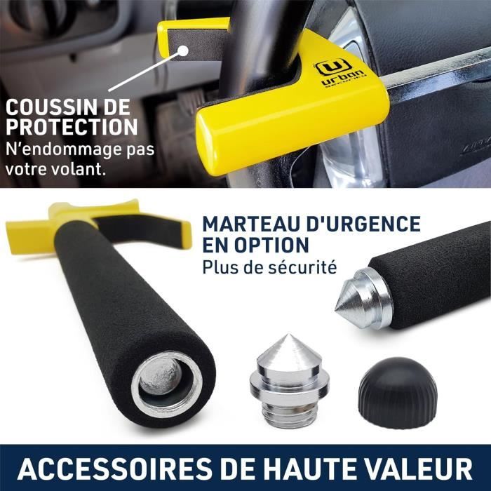 Urban UR959Y Canne Antivol Voiture Bloque Volant,Acier Jaune Plus Visible,Serrure Haute Sécurité,Verrouillage Automatique,Bloc Ba