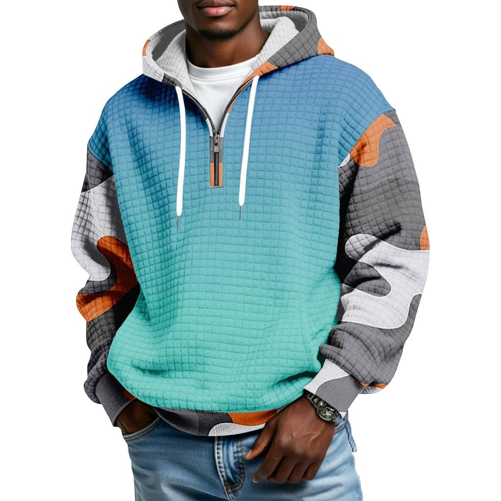 Мужской худи-пуловер в клетку с капюшоном на молнии до середины, со шнурком и принтом, повседневная спортивная толстовка