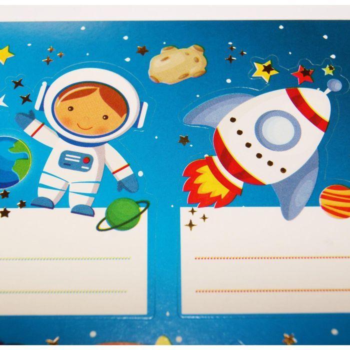 16 School Adhesive Labels - Rectangle - Astronauts In Space - Gold Foil