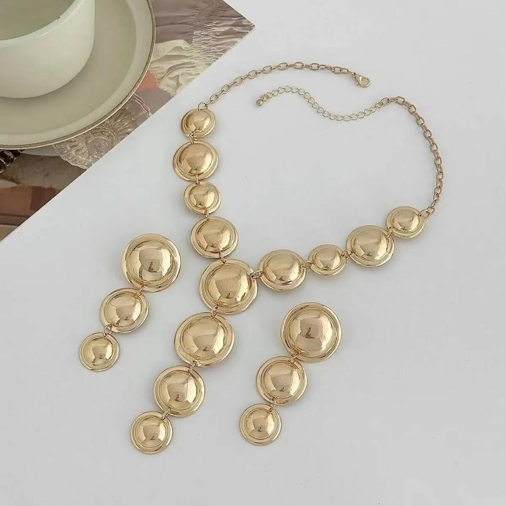 Glossy Drop Earrings Y-Shaped Long Chain Necklace Elegant Round Pendant Necklace  Women Jewelry Set