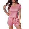 Женский пижамный комплект с коротким рукавом, круглым вырезом, эластичным поясом и шортами на шнурке, комплект для отдыха с оборками, летний комплект из 2 предметов для сна