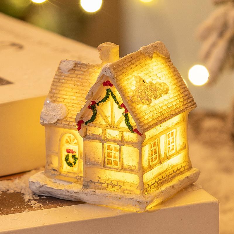 Christmas Resin House Figurine LED Light Up Snowy Village House Ornament Mini Desktop Decoration Xmas Gift