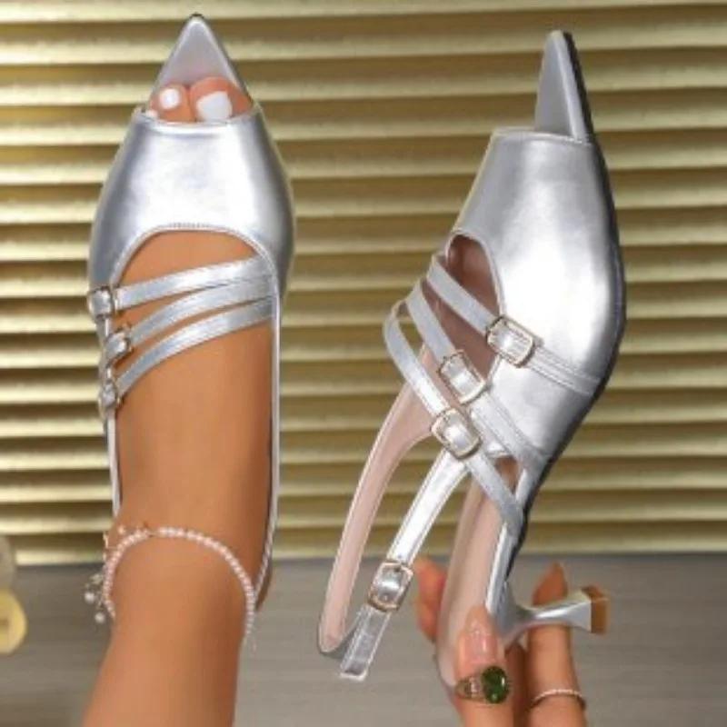 2024 Модная обувь Женские босоножки с открытым носком Большие размеры Платья Босоножки Женские туфли с острым носком и пряжкой на ремешке Тонкий каблук Женские
