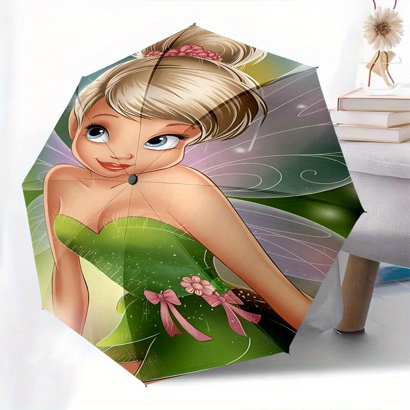 Disney Tinker Bell, Fantasy Automatic Open/Close Fashion umbrella - Cute Umbrella with Cute Design, Portable 3-Fold Compact Umbrella for Men