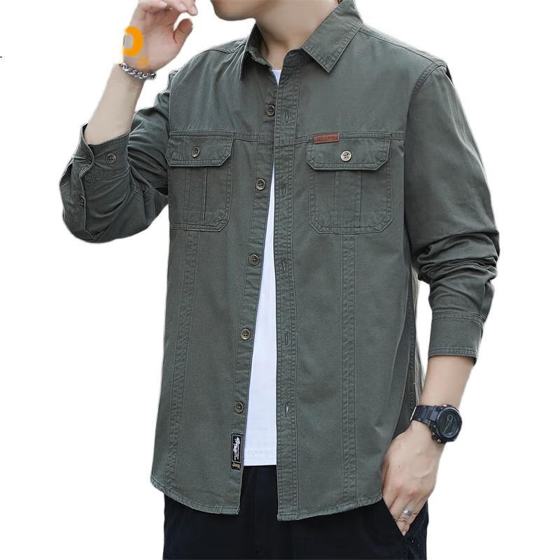JEEP Men's Shirt, Spring And Autumn Workwear Jacket, Long-Sleeve Shirt, Loose Casual Clothing for Men, Army Green, 2XL