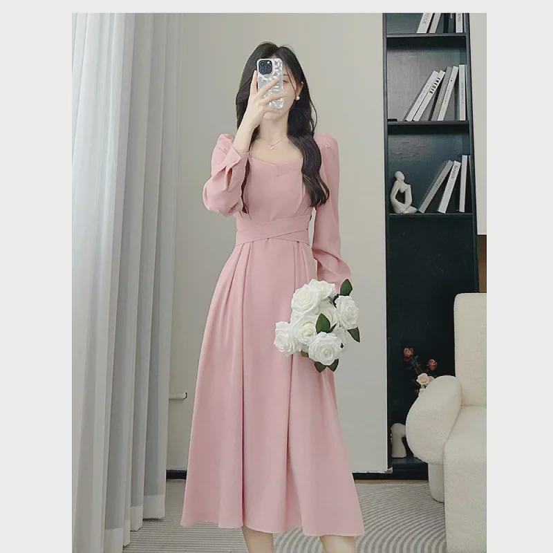 Женское платье-трапеция с квадратным вырезом и длинными рукавами 2024 года, тонкая талия, средняя длина