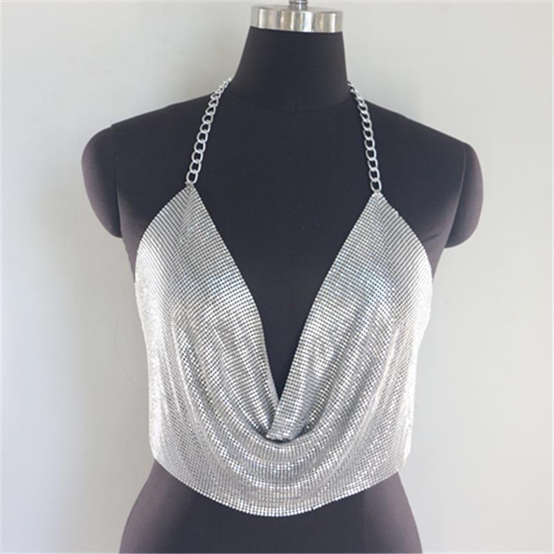 Shining Sequins, Bright Diamonds, Nightclub Style, Sexy, Metal Chain, Neck Hanging V-neck, Backless Top, Tank Top, Sexy Look