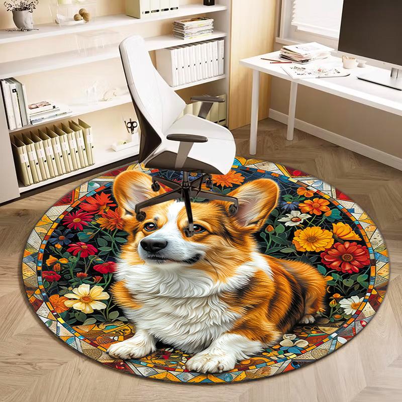1Pc Cute pet Chihuahua Border Collie Printed circular carpet, home door mat, outdoor travel protection carpet